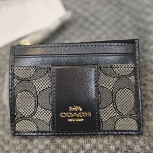 Coach Black Leather and Gray Card Case with Gold Zip